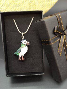 Sterling Silver Puffin Pendant Necklace – Abalone‑Style Inlay